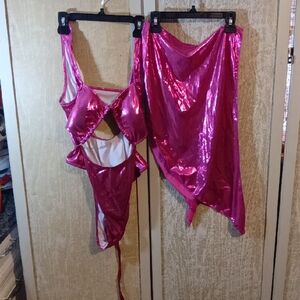 Shiny Hot Pink One-Piece Swimsuit with Matching Wrap Skirt